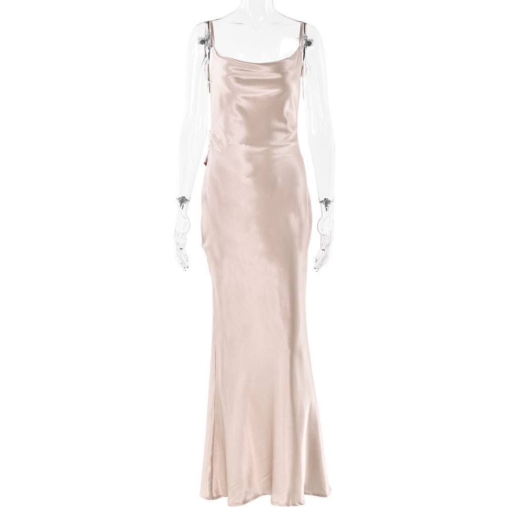 Vestido femenino de satín con flores y espalda descubierta - nexbuy.com.mx