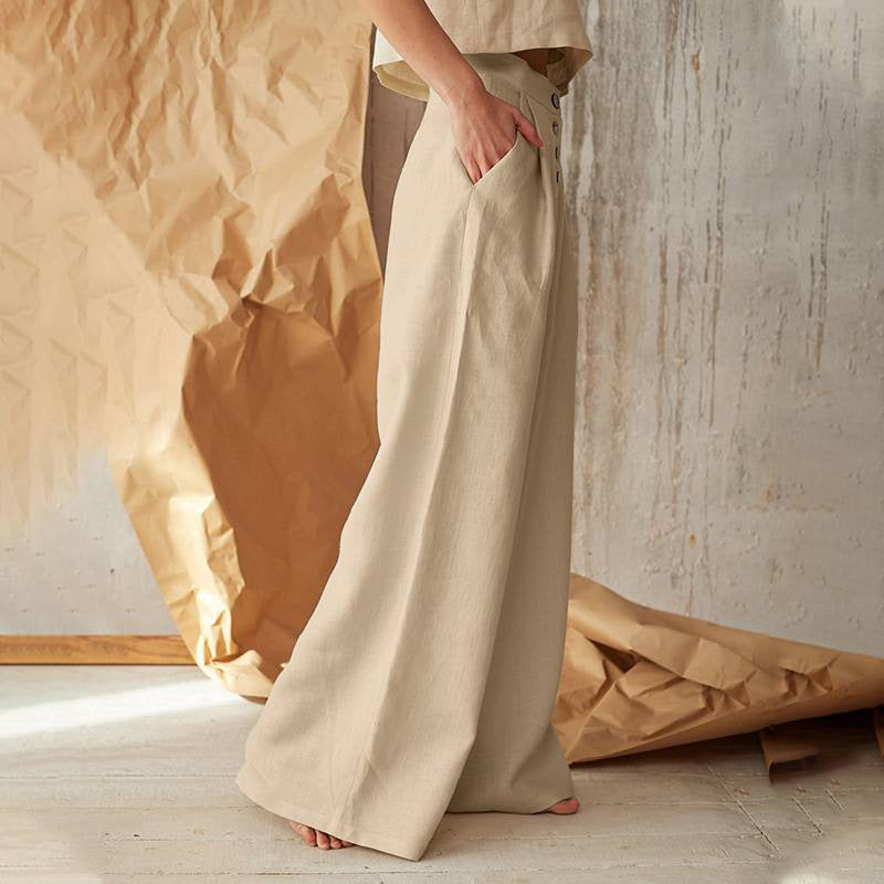 Pantalones de Lino con Botones para Mujer – Cintura Alta y Corte Ancho para Estilo Natural y Cómodo - nexbuy.com.mx