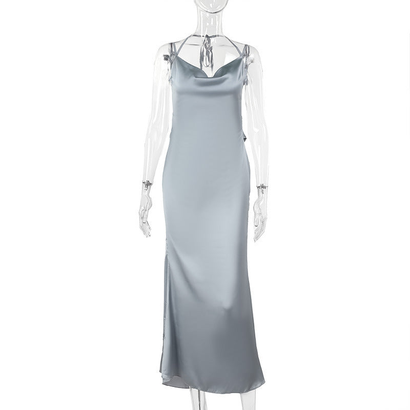 Vestido femenino de satín con flores y espalda descubierta - nexbuy.com.mx