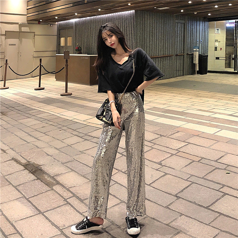 Pantalones Rectos de Lentejuelas Plateadas – Brillo y Estilo para Ocasiones Especiales - nexbuy.com.mx