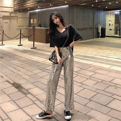 Pantalones Rectos de Lentejuelas Plateadas – Brillo y Estilo para Ocasiones Especiales - nexbuy.com.mx