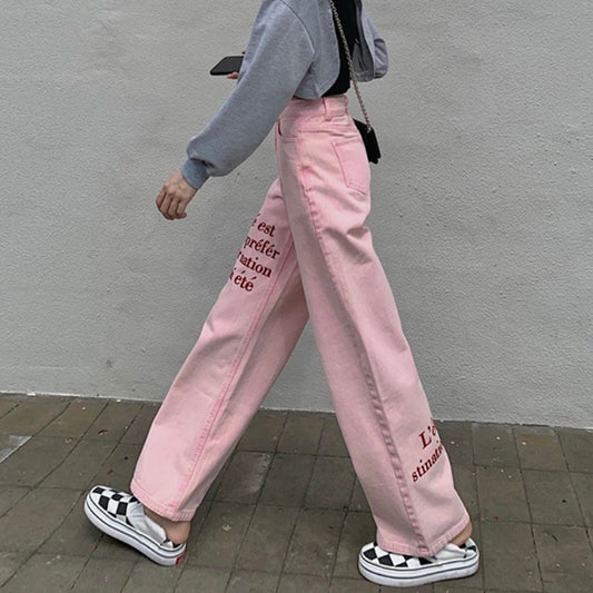 Pantalón de Mezclilla Rosa para Mujer – Pierna Ancha y Cintura Alta, Estilo OL Commuter - nexbuy.com.mx