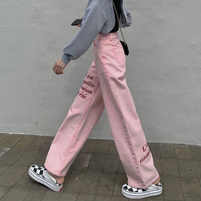 Pantalón de Mezclilla Rosa para Mujer – Pierna Ancha y Cintura Alta, Estilo OL Commuter - nexbuy.com.mx