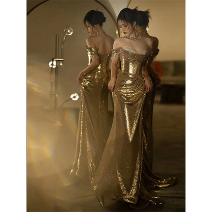Vestido de noche dorado al hombro - nexbuy.com.mx