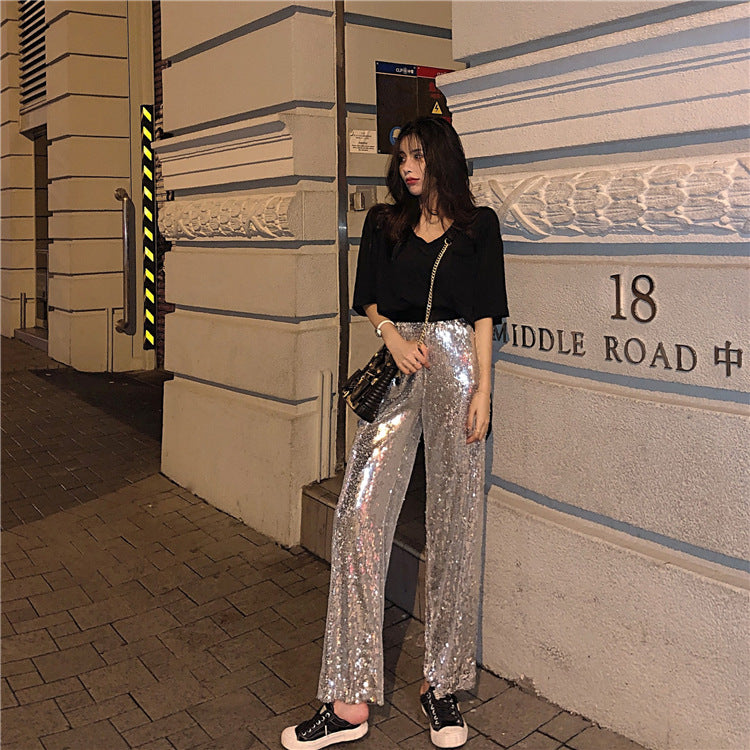 Pantalones Rectos de Lentejuelas Plateadas – Brillo y Estilo para Ocasiones Especiales - nexbuy.com.mx
