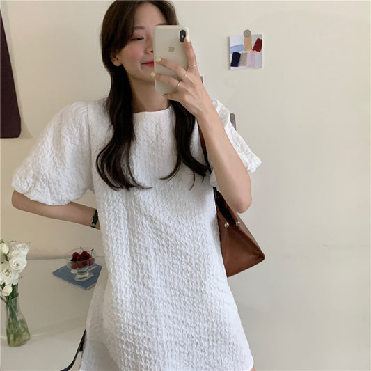 Vestido de Verano Blanco de Manga Abullonada - nexbuy.com.mx