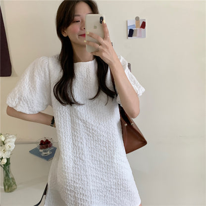 Vestido de Verano Blanco de Manga Abullonada - nexbuy.com.mx
