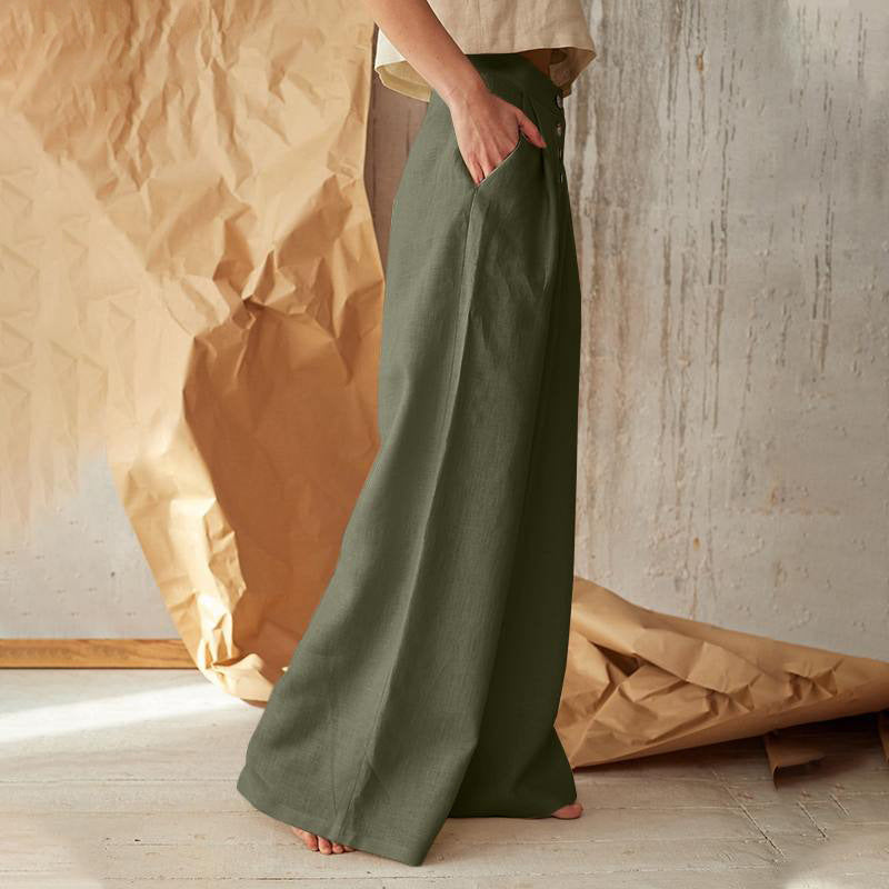Pantalones de Lino con Botones para Mujer – Cintura Alta y Corte Ancho para Estilo Natural y Cómodo - nexbuy.com.mx